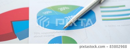 Silver metal ballpoint pen lying on documents with graphs and diagrams closeup 83802988