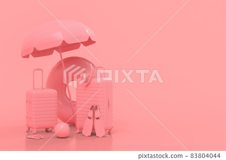 Monochrome suitcase with beach umbrella and inflatable ring on pink background. 3D render of summer vacation concept and holidays 83804044