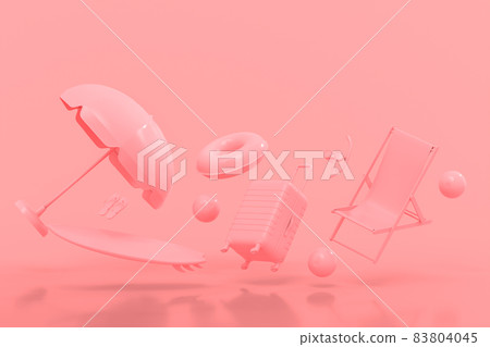 Suitcase with beach accessories like surf, umbrella and chair on monochrome pink background. 3D render of summer vacation concept and holidays 83804045