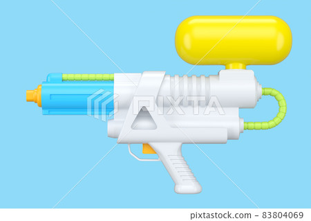 Plastic water gun toy for playing and watering in the swimming pool isolated on blue background. 3d render family pastime concept and beach activities 83804069