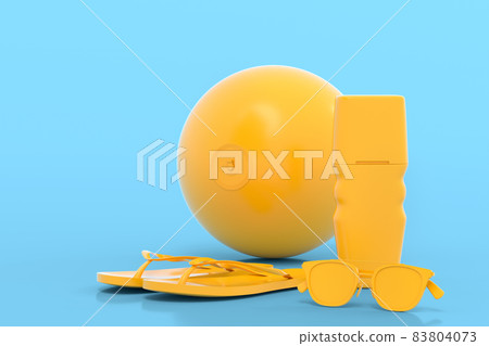 Set of beach accessories like flip flops, sunglasses, sunscreen and ball on beach monochrome blue background. 3D render of summer vacation concept and holidays 83804073