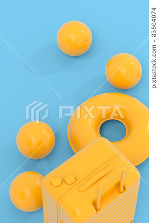 Colorful suitcase or baggage on monochrome blue background. 3D render of summer vacation concept and holidays Colorful suitcase or baggage on monochrome blue background. 3D render of summer vacation concept and holidays 83804074