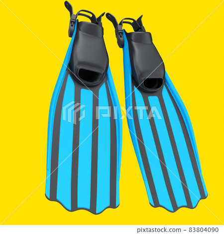 Blue diving flippers isolated on yellow background. 3d render of diving and snorkeling equipment 83804090