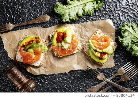 toasts with salmon toasts with salmon 83804134