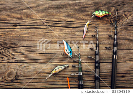 top view fishing bait fishing rods. High quality beautiful photo concept 83804519