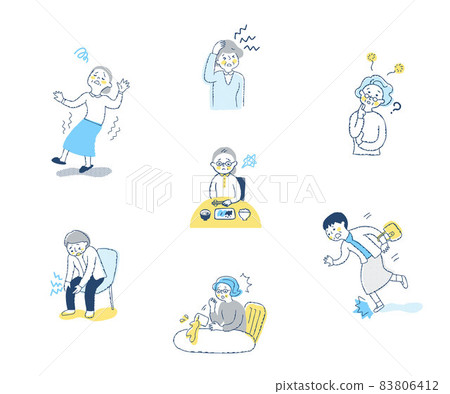 一組針對身體狀況不佳的中老年女性的各種場景 一組針對身體狀況不佳的中老年女性的各種場景 83806412