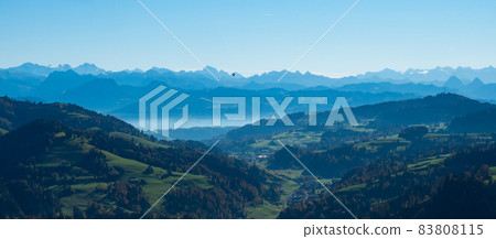 Panoramic view from the top of Hoernli in Cantone Zurich on a sunny autumn afternoon Panoramic view from the top of Hoernli in Cantone Zurich on a sunny autumn afternoon 83808115