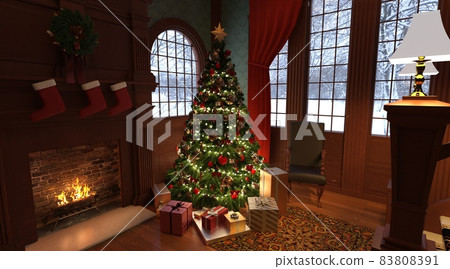 Christmas room vintage style interior 3d... - Stock Illustration ...