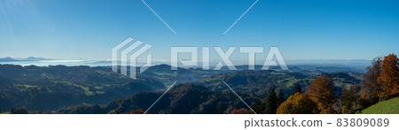 Panoramic view from the top of Hoernli in Cantone Zurich on a sunny autumn afternoon Panoramic view from the top of Hoernli in Cantone Zurich on a sunny autumn afternoon 83809089