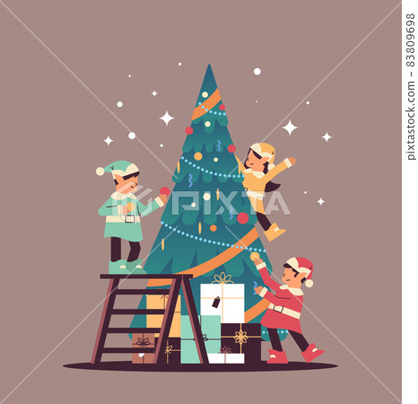 elves in uniform santa helpers team decorating fir tree happy new year merry christmas holidays celebration 83809698