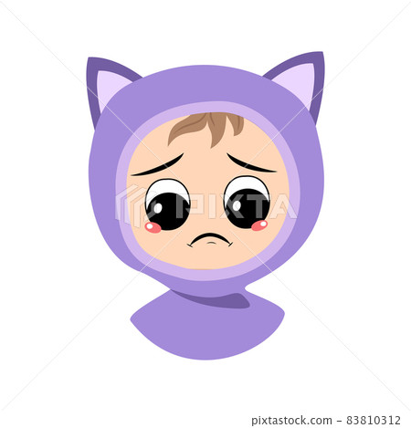 Avatar of child with crying and tears emotion, sad face, depressive eyes in cat hat. Cute kid with melancholy expression in autumnal or winter headdress. Head of adorable baby Avatar of child with crying and tears emotion, sad face, depressive eyes in cat hat. Cute kid with melancholy expression in autumnal or winter headdress. Head of adorable baby 83810312