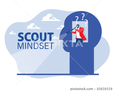 Businessman looking through a telescope on human head for scout mindset concept vector illustration. Businessman looking through a telescope on human head for scout mindset concept vector illustration. 83810319