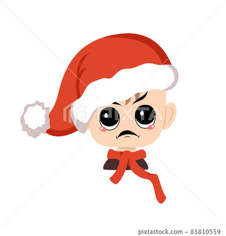 Boy with angry emotions, grumpy face, furious eyes in red Santa hat. Cute kid with furious expression in carnival costume for New Year, Christmas and holiday. Head of adorable child 83810559