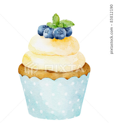 Watercolor delicious cupcake with blueberry and fresh mint isolated on white background. 83812190