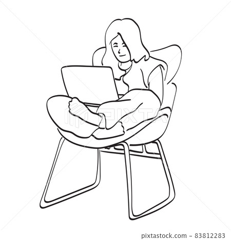 line art businesswoman working on laptop computer at home illustration vector isolated on white background 83812283
