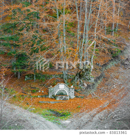 Traditional fountain in the autumn forest in the Rila mountains, Bulgaria Traditional fountain in the autumn forest in the Rila mountains, Bulgaria 83813361