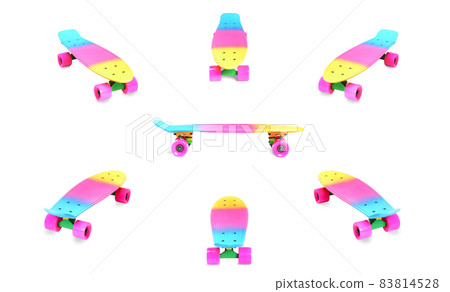 Set of rainbow plastic Penny board skateboard isolated on white 83814528