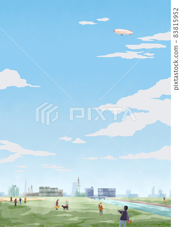 Hand-painted watercolor-style illustration of the scenery of the bank along the river 83815952