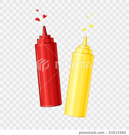 Ketchup and mustard. Bottles with sauces on a transparent isolated background. Splashes and drops. Vector cartoon illustration. Ketchup and mustard. Bottles with sauces on a transparent isolated background. Splashes and drops. Vector cartoon illustration. 83815988