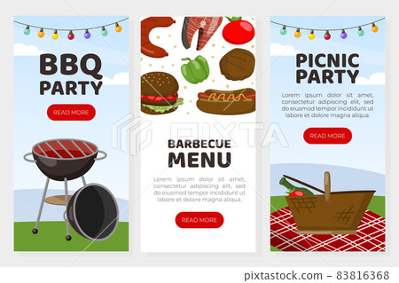 BBQ Party and Outdoor Picnic with Grill Grate and Steak Web Banner Vector Template 83816368