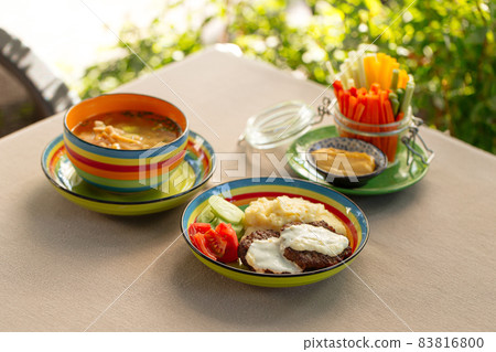 Full course lunch with soup cutlets and vegetables Full course lunch with soup cutlets and vegetables 83816800
