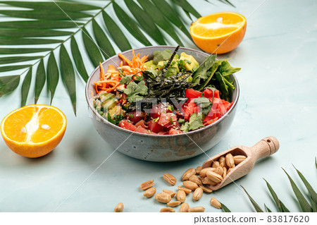 Hawaiian tuna poke bowl with rice and vegetables Hawaiian tuna poke bowl with rice and vegetables 83817620