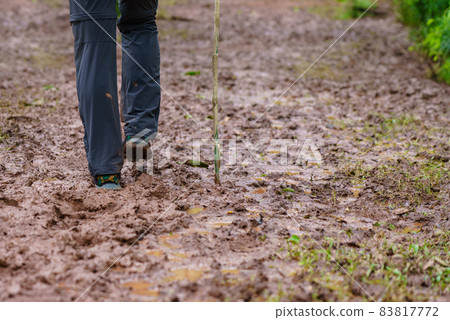Hiking tourists wearing backpacks outdoors trekking in forest. hiker man with shoe covered in mud taken walking in rain forest. Hike trail Hiking tourists wearing backpacks outdoors trekking in forest. hiker man with shoe covered in mud taken walking in rain forest. Hike trail 83817772