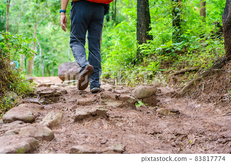 Hiking tourists wearing backpacks outdoors trekking in forest. hiker man with shoe covered in mud taken walking in rain forest. Hike trail 83817774