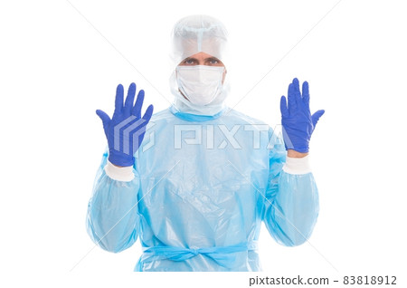 man doctor epidemiologist show hands in gloves wearing man doctor epidemiologist show hands in gloves wearing 83818912