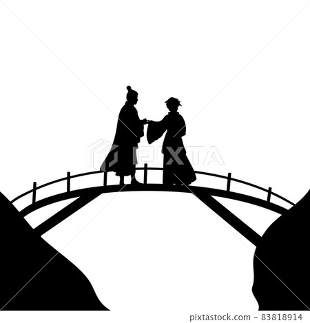 Silhouette lovers asian couple on the bridge. Celebration Valentines day. Silhouette lovers asian couple on the bridge. Celebration Valentines day. 83818914