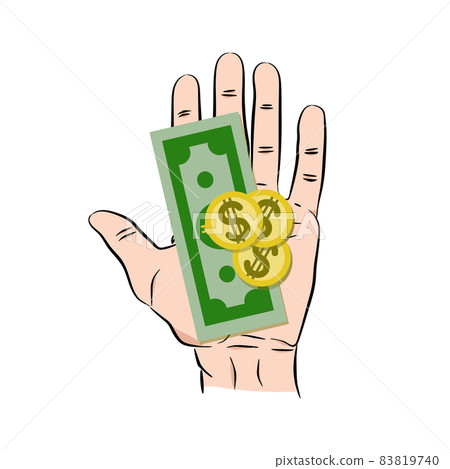 Gold coin in hand businessman isometric design. Vector illustration flat design. Isolated on background. Giving, receiving take money. Concept of charity, donate. Stack of coins. 83819740