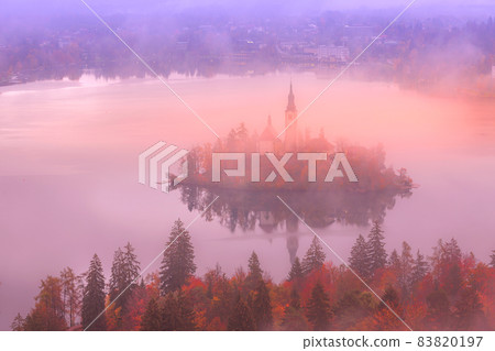 Lake Bled, Slovenia in autumn, St. Marys Church Lake Bled, Slovenia in autumn, St. Marys Church 83820197