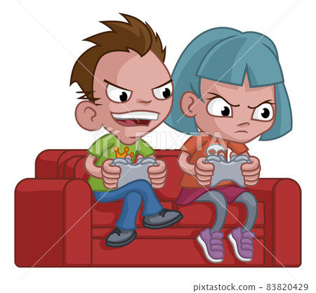 Kids Gamers Playing Video Games Console Cartoon 83820429