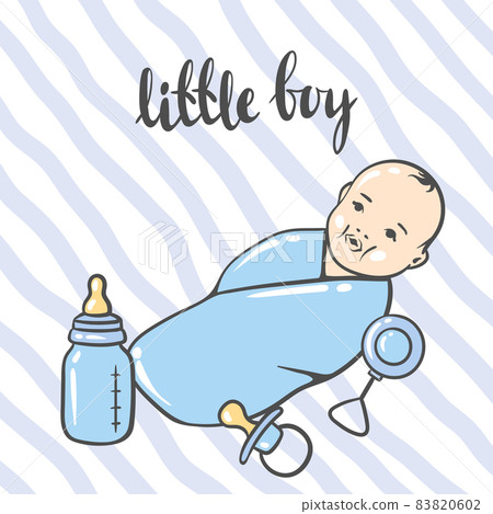 Happy Birthday greeting and invitation card. Holiday baby boy shower celebration simbols. 83820602