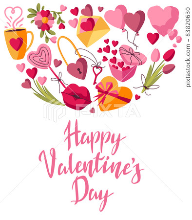 Happy Valentine Day greeting card. Holiday background with romantic and love symbols. Happy Valentine Day greeting card. Holiday background with romantic and love symbols. 83820630
