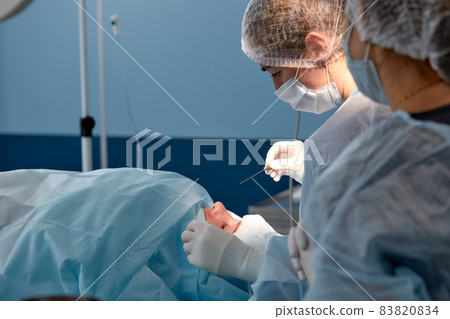 Close up of the face of a patient who is undergoing blepharoplasty. The surgeon cuts the eyelid and performs manipulations using medical instruments 83820834