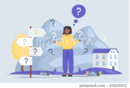 Woman making decision looking at question mark. Worried girl thinking about problem, doing choice Woman making decision looking at question mark. Worried girl thinking about problem, doing choice 83820932