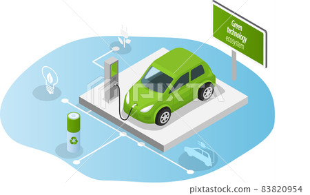Electric car charging at charger station. Refueling automobile with environmentally friendly biofuel Electric car charging at charger station. Refueling automobile with environmentally friendly biofuel 83820954