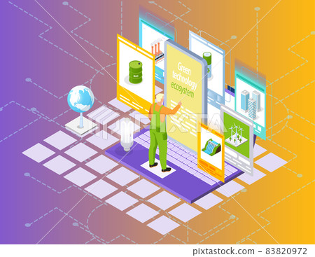 Man working with green nature friendly technology. Integration of technologies for energy production Man working with green nature friendly technology. Integration of technologies for energy production 83820972