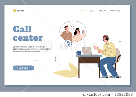 Call center or hotline service web banner mockup, flat vector illustration. Call center or hotline service web banner mockup, flat vector illustration. 83821099