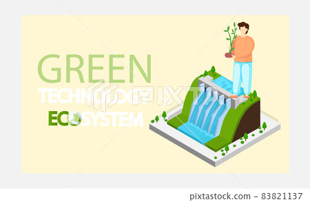 Green technology ecosystem banner. Hydroelectricity power station for alternative energy concept Green technology ecosystem banner. Hydroelectricity power station for alternative energy concept 83821137