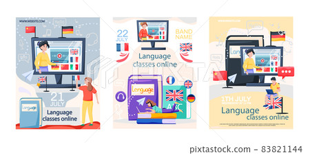 Language classes online banners set. Foreign speech study at home using computer, distance lessons Language classes online banners set. Foreign speech study at home using computer, distance lessons 83821144