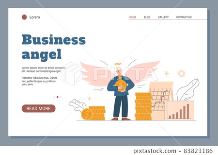 Business angel website with businessman with wings, flat vector illustration. 83821186