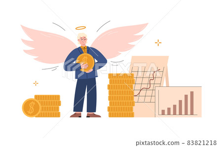 Investor angel with wings stands among money flat vector illustration isolated. 83821218