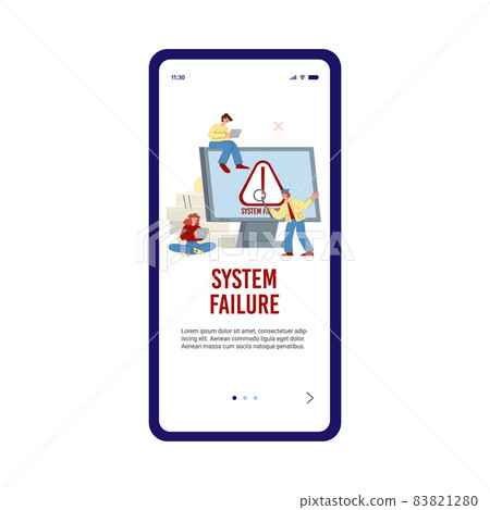 Mobile app onboarding help page for system error, flat vector illustration. 83821280