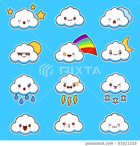 Emoji clouds vector. Cute smily clouds with faces vector set. Cartoon funny emoticon. Emoji clouds vector. Cute smily clouds with faces vector set. Cartoon funny emoticon. 83821318