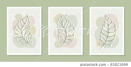Set of three abstract posters. Painting with a green feather, leaf, spots on an aged canvas. Calm, pastel, light colors. Stylish decoration of the interior of an office, studio, apartment. Vector. Set of three abstract posters. Painting with a green feather, leaf, spots on an aged canvas. Calm, pastel, light colors. Stylish decoration of the interior of an office, studio, apartment. Vector. 83821699