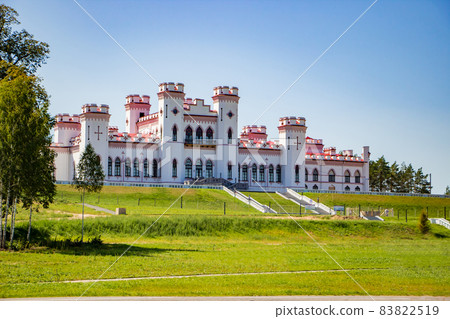Restoration of an old medieval castle. Beautiful facade of the palace in Kossovo, Brest region, Belarus. Summer sunny landscape. Restoration of an old medieval castle. Beautiful facade of the palace in Kossovo, Brest region, Belarus. Summer sunny landscape. 83822519
