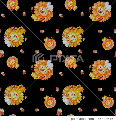 Seamless pattern with cute animals. Lion chef in a chefs hat, with a spoon and a drop of jam licks his lips with pleasure on a black background. Watercolor. Illustration for design, kids collection 83822656
