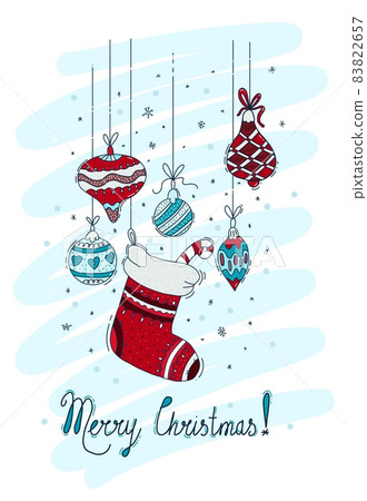 Vertical greeting card Merry Christmas. Christmas sock with striped candy cane and Christmas balls. Vector illustration Vertical greeting card Merry Christmas. Christmas sock with striped candy cane and Christmas balls. Vector illustration 83822657